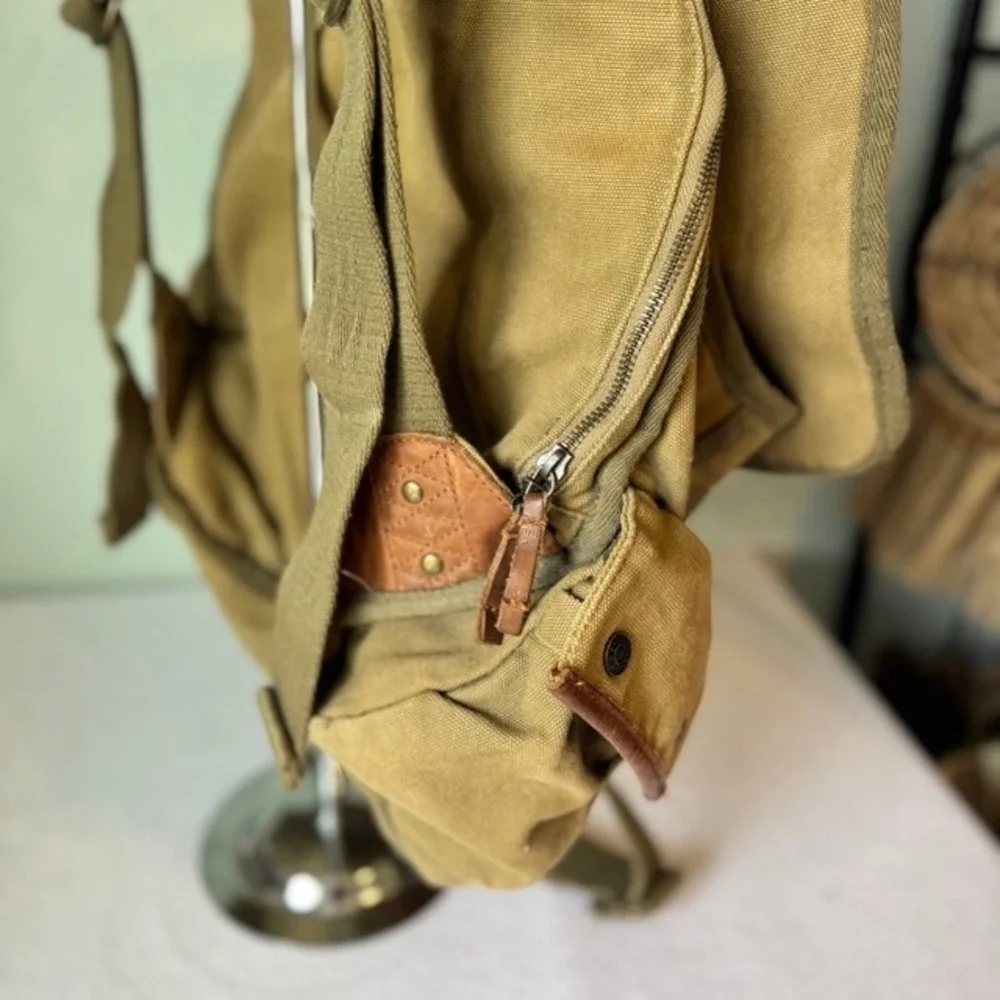 A. Kurtz Maplewood Courier Backpack leather Canvas Paratrooper Khaki Cotton Tan